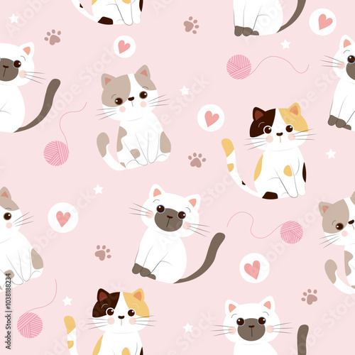 seamless pattern of cats with wool yarn , mini heart ,paw and star on pastel pink background ,vector 
 ,illustration 