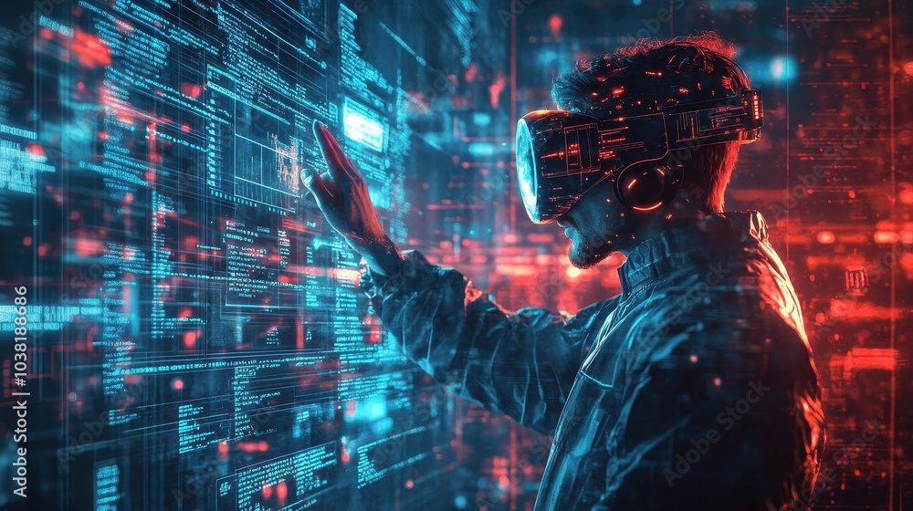 Depict a skilled cyberpunk hacker in a futuristic setting, surrounded by holographic interfaces, intricate code, and virtual reality elements Depict a skilled cyberpunk hacker in a futuristic setting, surrounded by holographic interfaces, intricate code, and virtual reality elements