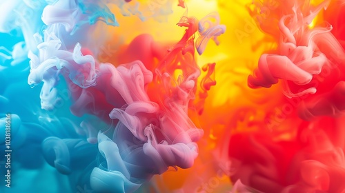 Swirling colors of blue, pink, red, and yellow abstractly painted in a liquid.