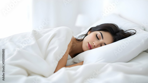 A young woman with long brown hair sleeping peacefully on a white bed, Relaxed Woman Enjoying Comfortable Sleep in White Bed with Peaceful Expression. photo