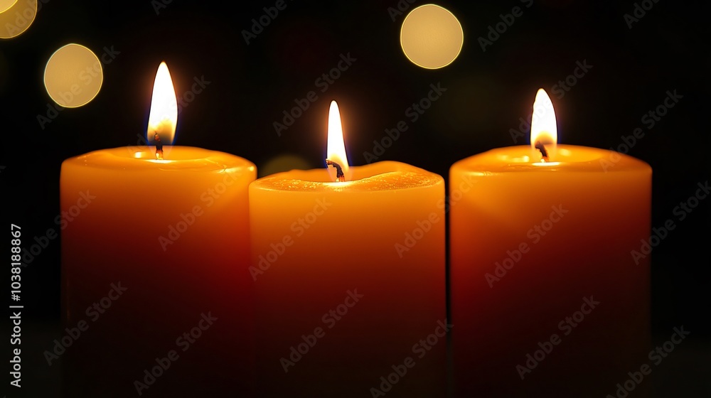 Three candles burning with flames providing warm light in the dark Three candles burning with flames providing warm light in the dark