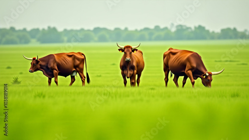 Serene Landscape of Large Brown Cows Grazing Peacefully in a Lush Green Field Embracing Rural Tranquility