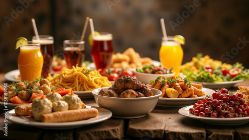 Wallpaper Mural A Delicious Spread of Various Plates Filled with Food and Drinks, Celebrating Flavor and Friendship in a Festive Atmosphere Torontodigital.ca