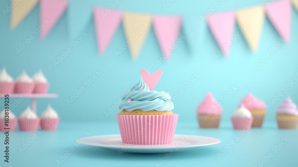 Colorful Cupcake at a Festive Party with Pastel Decorations and Bunting in the Background Colorful Cupcake at a Festive Party with Pastel Decorations and Bunting in the Background