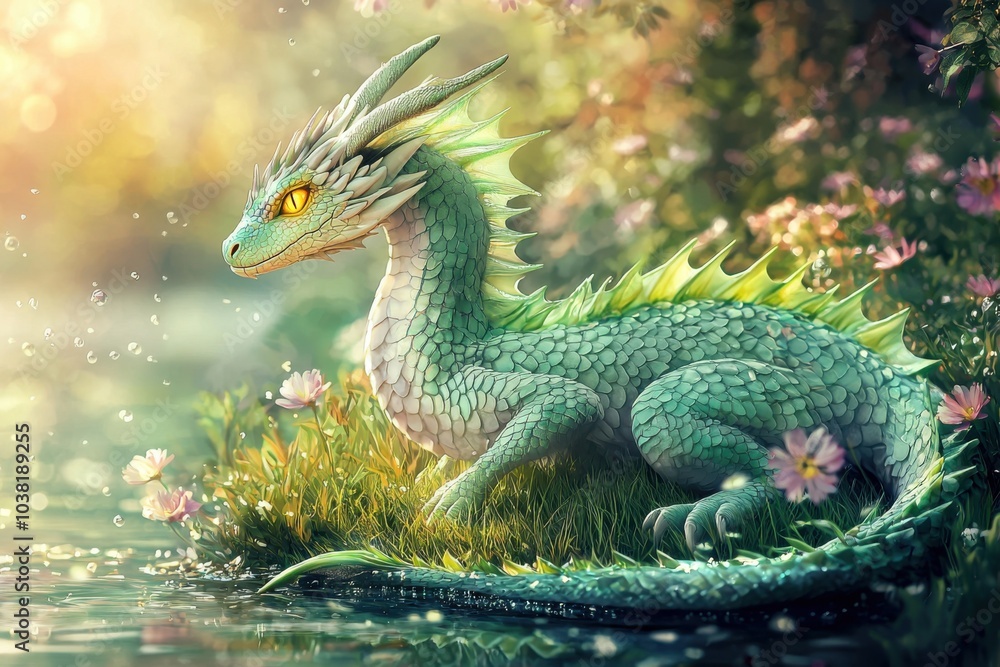 A serene dragon rests by a tranquil water body, surrounded by flowers and lush greenery, evoking a sense of fantasy and nature's beauty. A serene dragon rests by a tranquil water body, surrounded by flowers and lush greenery, evoking a sense of fantasy and nature's beauty.