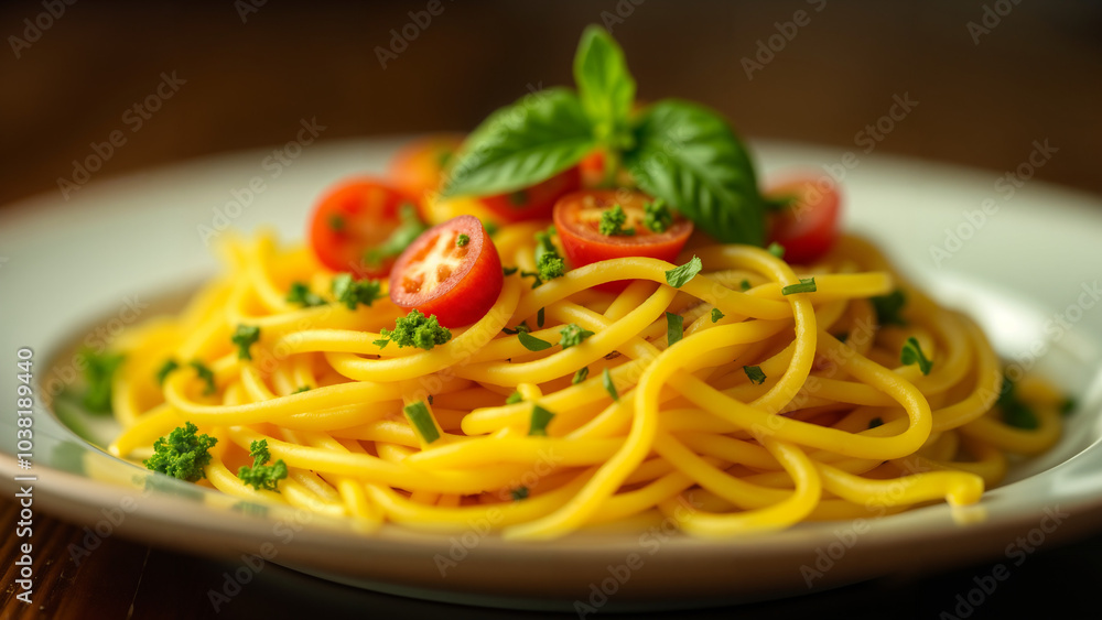 A Delectable Presentation of a Plate Topped with Spaghetti, Showcasing the Flavors of Italian Cuisine A Delectable Presentation of a Plate Topped with Spaghetti, Showcasing the Flavors of Italian Cuisine