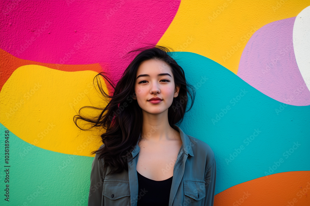Fototapeta premium Vibrant outdoor personal branding portrait of a young woman with colorful wall