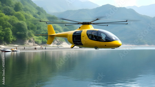 A glossy teal and coral helicopter on a sightseeing travel, air taxi, helicoptor as a taxi. photo