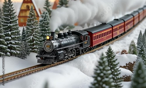 A toy steam locomotive rides on a railway in a winter landscape