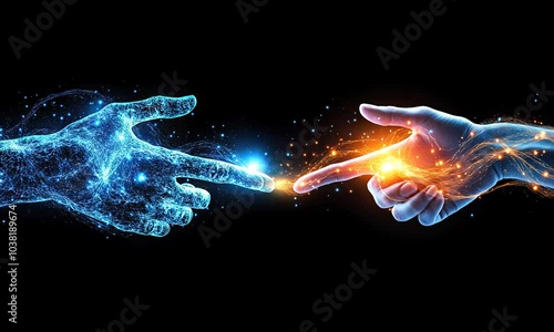 two hands on a black background reach out to each other, touch with their fingers and a glow occurs