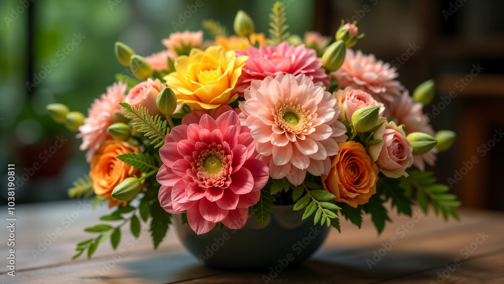 Fototapeta premium Beautifully Arranged Flower Composition on a Table Showcasing Nature's Beauty