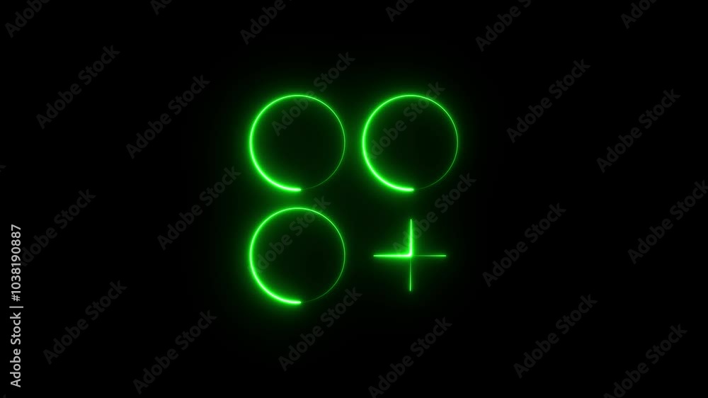 Abstract glowing green color neon light three circle and plus icon animation background. Abstract glowing green color neon light three circle and plus icon animation background.
