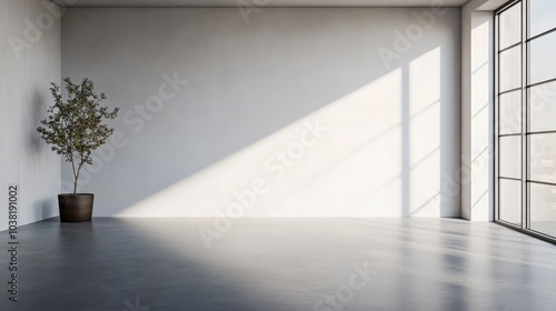 Minimalist living room with empty space and a grey wall.