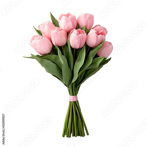 Bouquet of pink tulips with green leaves, white isolated background. transparent background