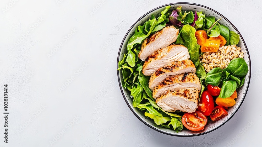 Fresh and Healthy Dinner Concept with Grilled Chicken Salad, Vegetables, and Grains in a Bowl on a White Background Fresh and Healthy Dinner Concept with Grilled Chicken Salad, Vegetables, and Grains in a Bowl on a White Background
