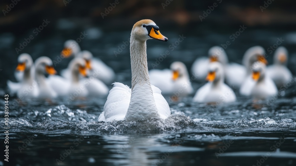 Fototapeta premium White swans, different leader identities, crowd leadership