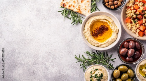 Wallpaper Mural Elegant Dinner Concept with Mediterranean Cuisine Featuring Hummus, Olives, and Fresh Herbs on a Rustic Table Setting Torontodigital.ca