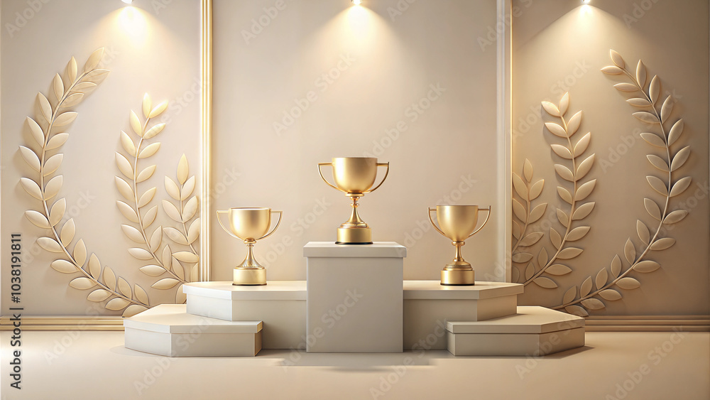Podium and trophies on a light cream background Podium and trophies on a light cream background