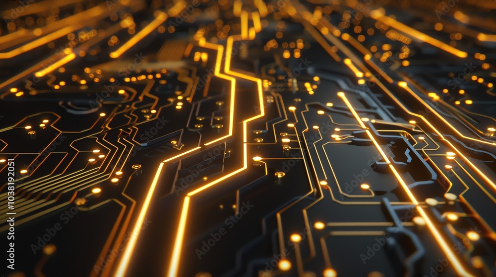 A glowing circuit board with yellow lights and lines. A glowing circuit board with yellow lights and lines.