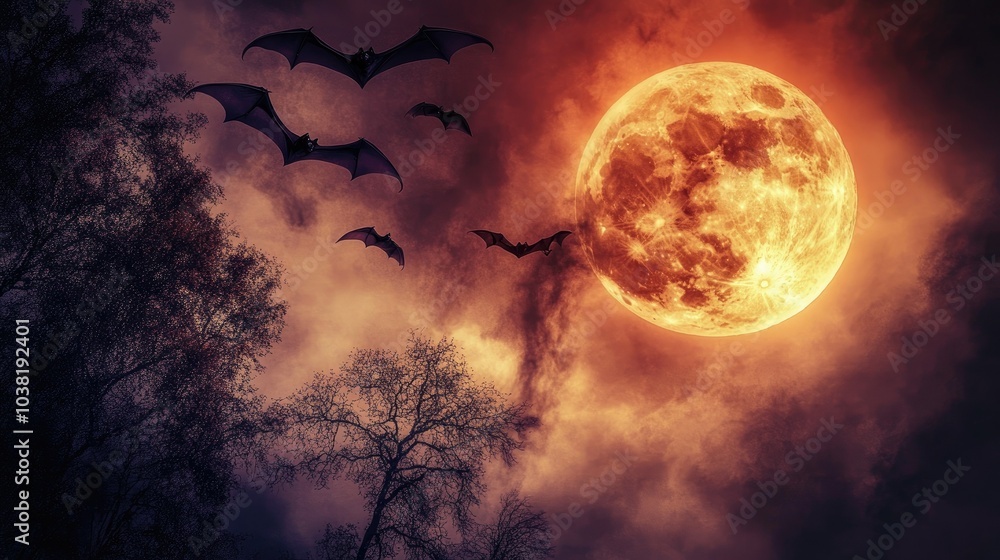 Fototapeta premium A swarm of bats flying across the sky during a lunar eclipse, with the shadowed moon creating a dark and foreboding backdrop. --chaos