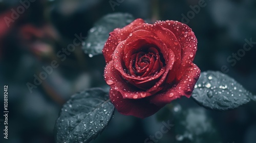 Red rose with water droplets on the petals.