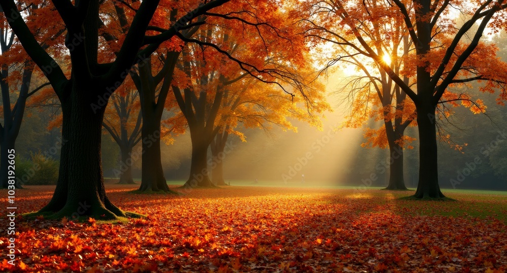 An autumn park with bare tree branches, vibrant leaves scattered on the ground, and sunlight casting a golden glow through the trees. An autumn park with bare tree branches, vibrant leaves scattered on the ground, and sunlight casting a golden glow through the trees.