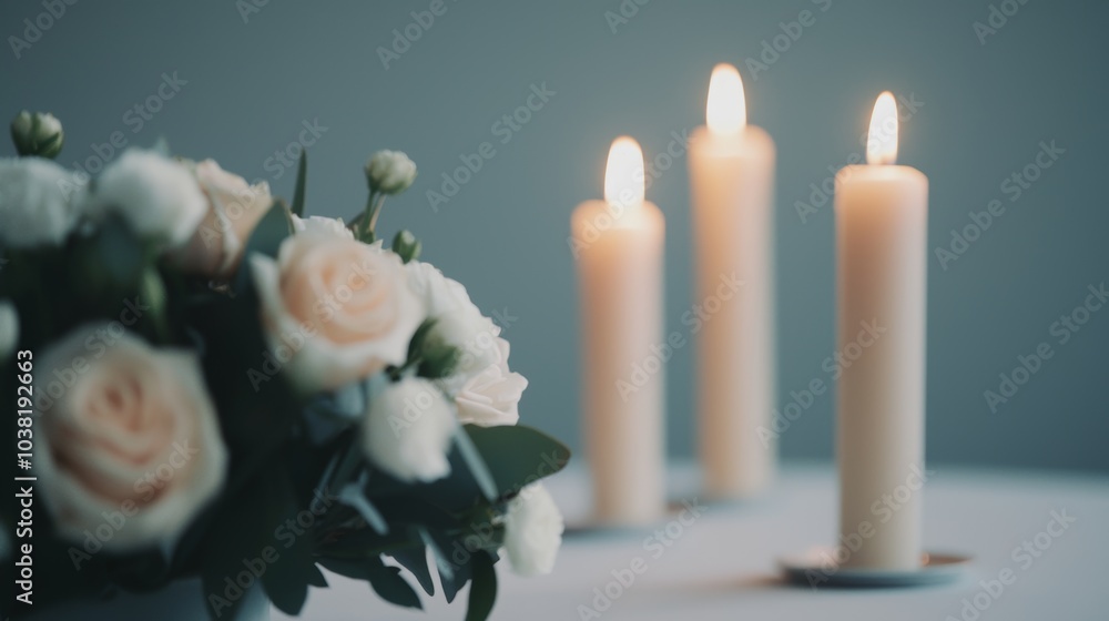 Obraz premium Elegant Dinner Setting with Candlelight and Floral Arrangement for a Romantic Evening or Special Occasion