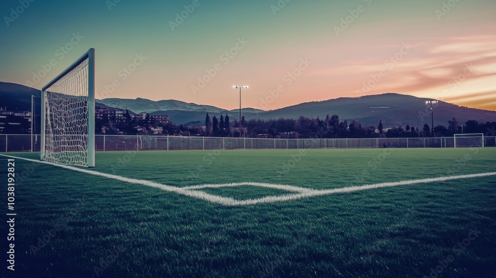 Fototapeta premium A soccer field's penalty spot and goal box, outdoor setting with dusk lighting, Moody style