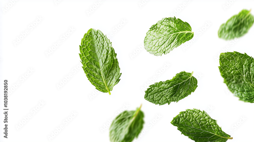 Fresh Mint Leaves Falling on White Background Fresh Mint Leaves Falling on White Background