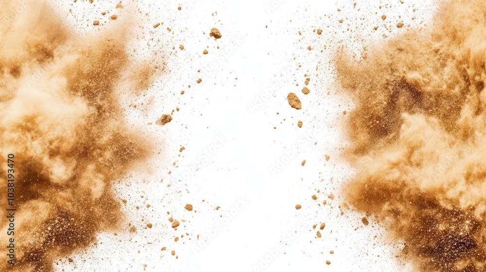 Dust explosion with brown particles, white isolated background. Dust explosion with brown particles, white isolated background.