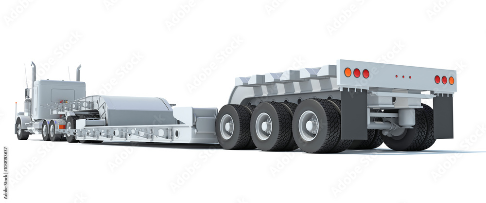 Semi Truck with Lowboy Platform Trailer 3D rendering on white background