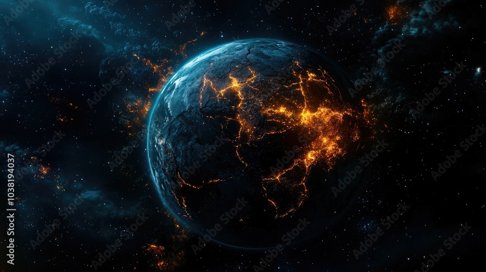 A view of Earth from space with visible cracks and fire, representing the dramatic effects of global warming on the planet. --chaos A view of Earth from space with visible cracks and fire, representing the dramatic effects of global warming on the planet. --chaos