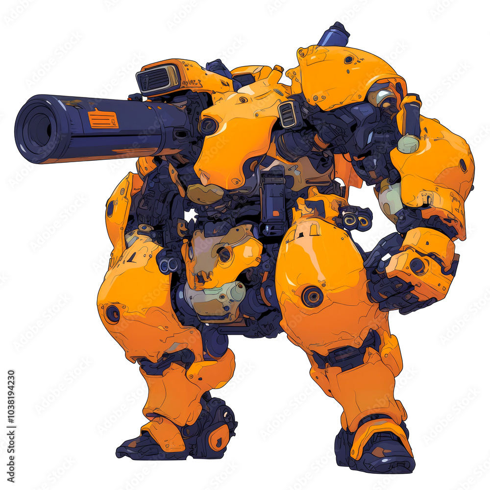 A yellow robotic exosuit with a large gun. A yellow robotic exosuit with a large gun.