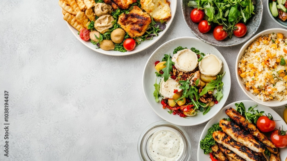 Delicious Dinner Spread with Grilled Chicken, Fresh Salads, and Assorted Vegetables on a Light Background Delicious Dinner Spread with Grilled Chicken, Fresh Salads, and Assorted Vegetables on a Light Background