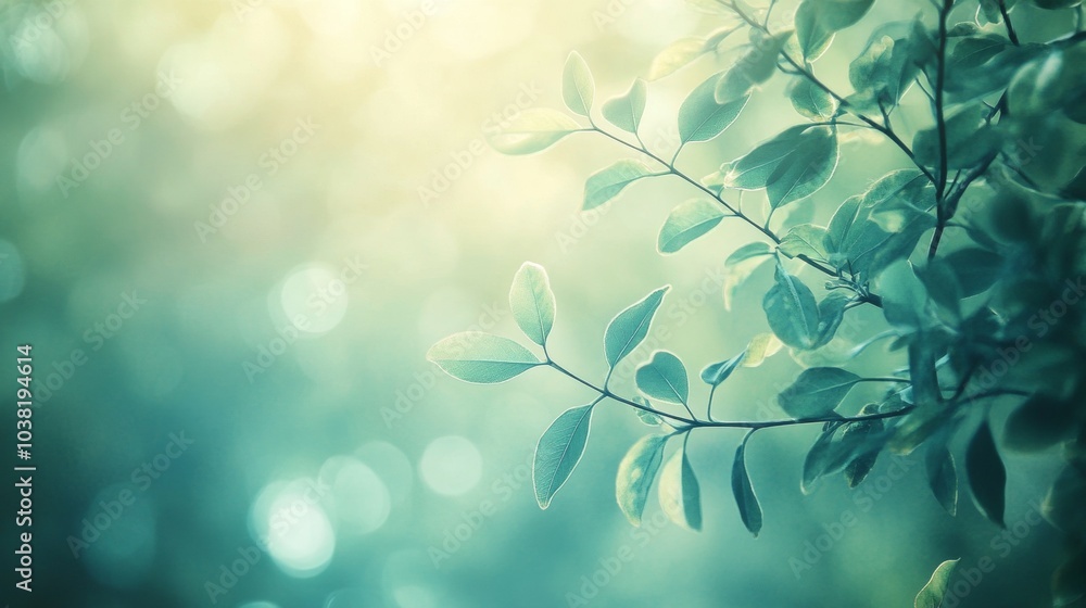 Fototapeta premium Dreamy Green. Fresh Plant Branch with Bokeh Light and Tranquil Vibes