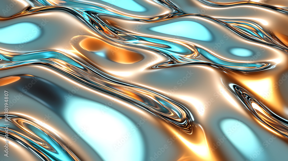 Obraz premium Shimmering liquid metal with golden and turquoise highlights, abstract and fluid surface, rippling reflections with glowing warm and cool light, high-quality 3D texture