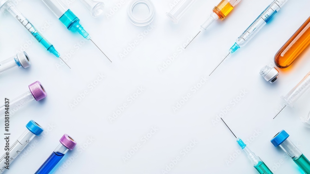Medical Hormonal Devices and Methods Concept with Syringes and Vials on White Background Medical Hormonal Devices and Methods Concept with Syringes and Vials on White Background