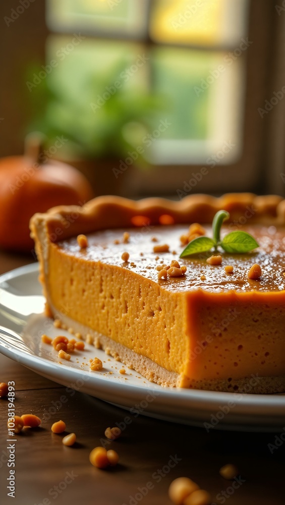 Close-up appetizing yummy pumpkin pie on white plate , orange pumpkin and a window at background Close-up appetizing yummy pumpkin pie on white plate , orange pumpkin and a window at background