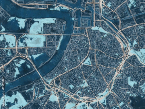 Painterly Style City Map of Antwerpen, Belgium in a Blue Color Scheme.