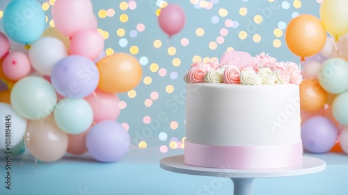 Colorful Party Celebration with Balloons and Cake Against a Sparkling Light Background