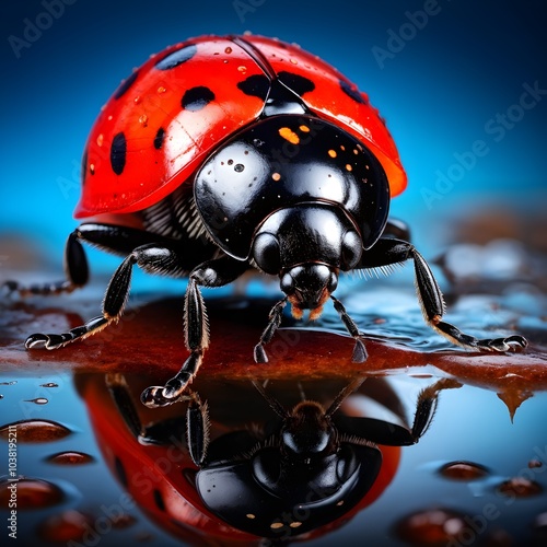 macro of a ladybug (Coccinella septempunctata), revealing the fine texture of its bright red shell and black spots photo