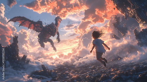 A brave child's unforgettable encounter with a majestic dragon in a magical sunset landscape