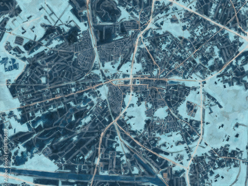 Painterly Style City Map of Genk, Belgium in a Blue Color Scheme. photo