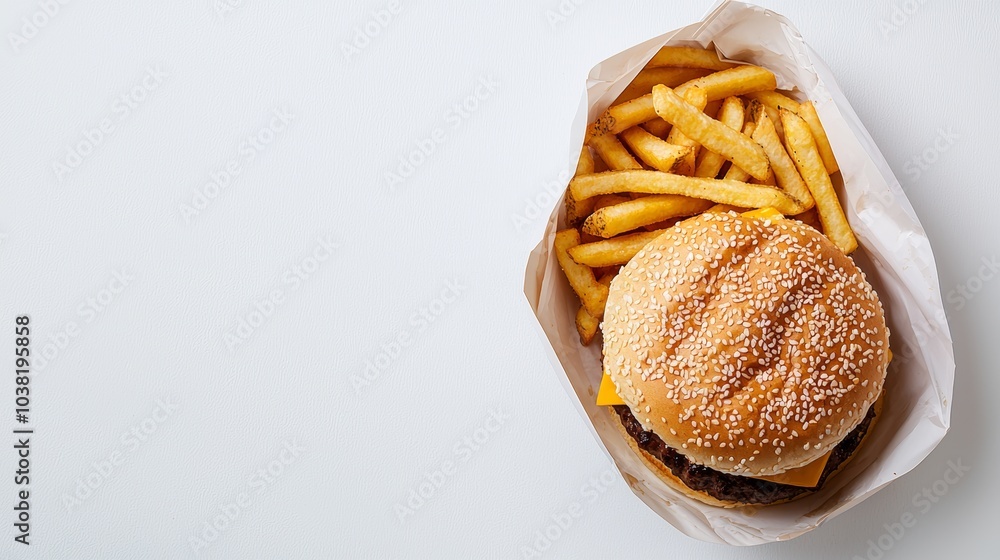 Delicious Cheeseburger and Crispy French Fries in Paper Wrapper on White Background - Perfect Lunch Break Meal Delicious Cheeseburger and Crispy French Fries in Paper Wrapper on White Background - Perfect Lunch Break Meal