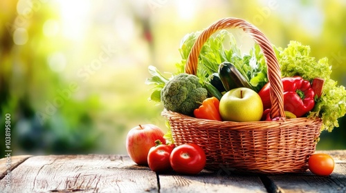 A wicker basket filled with fresh vegetables and fruits, including tomatoes, apples, and bell peppers, placed on a wooden table. --chaos
