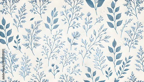 手描きのボタニカル模様、ブルーの枝と葉のシームレスパターン

