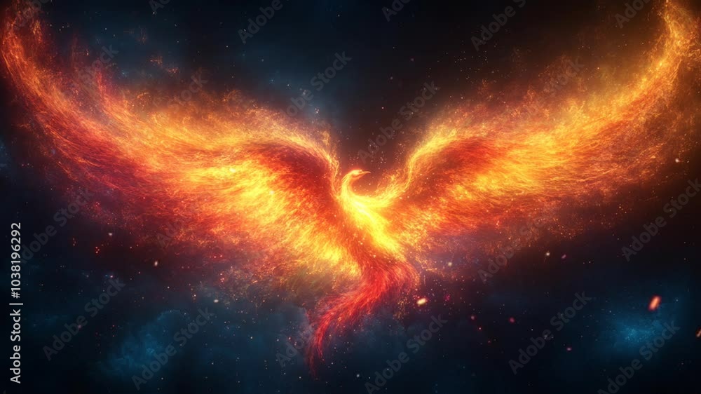 A majestic phoenix rises from the ashes, spreading vibrant flames in a mystical setting during a nighttime spectacle. seamless looping animation background A majestic phoenix rises from the ashes, spreading vibrant flames in a mystical setting during a nighttime spectacle. seamless looping animation background