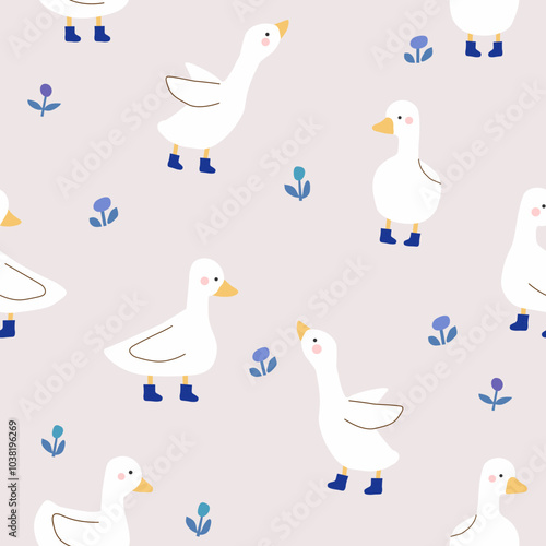 ducks with blue boots and flowers  seamless pattern on gray background ,vector illustration