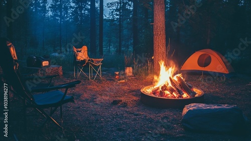 A cozy camping setup by a crackling bonfire, Camping gear arranged around a flickering fire, Evening warmth style