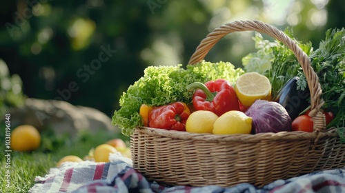 A wicker basket with vibrant vegetables and fruits, such as red peppers, lemons, and lettuce, sitting on a picnic blanket. --chaos